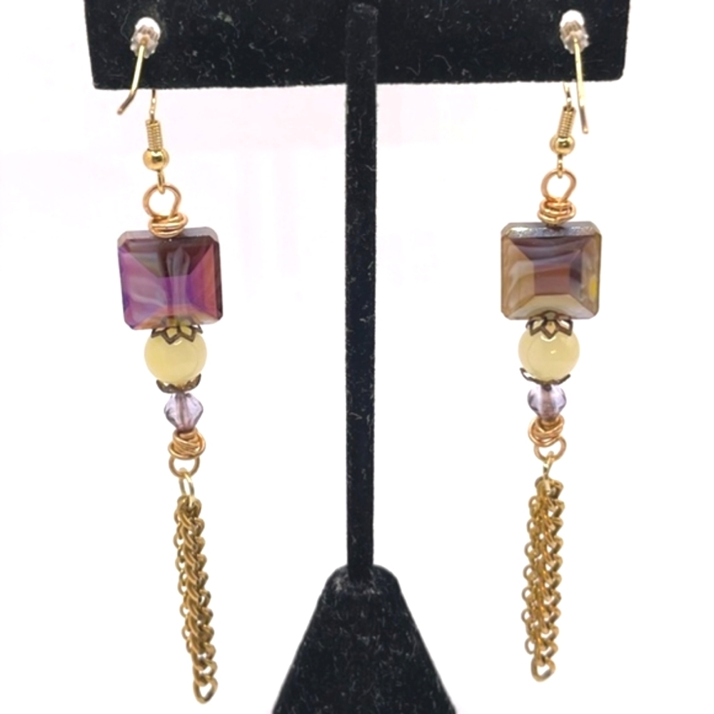 Boho Purple Glass Yellow Jade Gold Tone Pierced Earrings